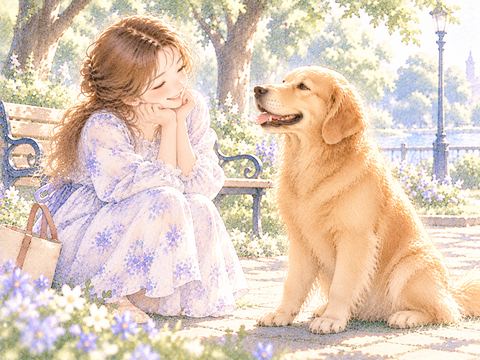 静かに座るゴールデンレトリバーを見て微笑む女性