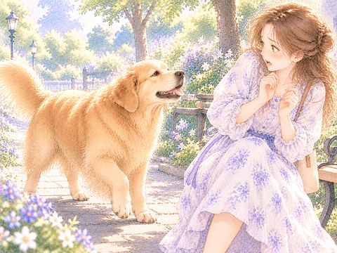 穏やかな大型のゴールデンレトリバーを怖がる女性