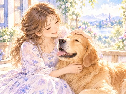 女性に頭を撫でられて目を細めるゴールデンレトリバー