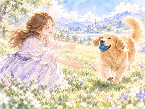 芝生でボールをくわえ女性と遊ぶゴールデンレトリバー