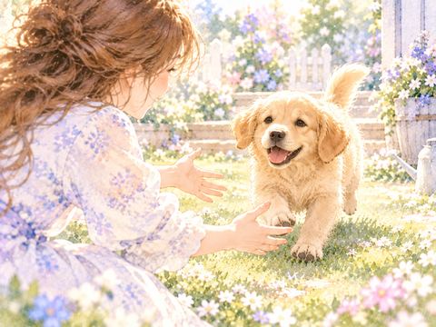 小さなゴールデンレトリバーの子犬が近づいてくる様子