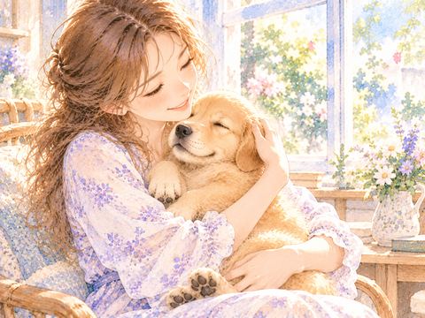 ゴールデンレトリバーの子犬を胸元で抱く女性