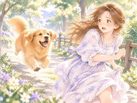 大きなゴールデンレトリバーに追いかけられて走る女性