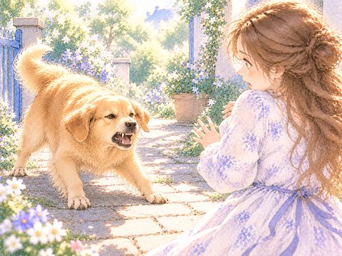 歯を見せて唸るゴールデンレトリバーと身構える女性
