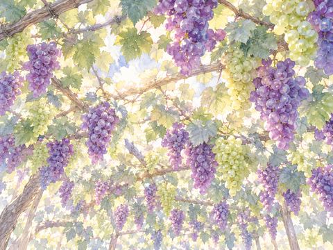ぶどう棚いっぱいに紫色と黄緑色の房が実っている光景