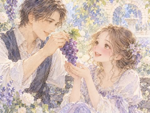 好きな男性から紫色のぶどうを差し出されて微笑む女性