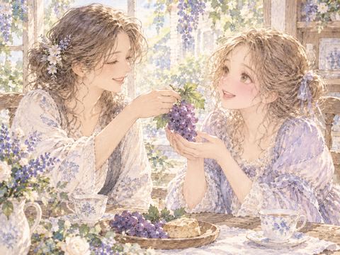 食卓で女性の友人からぶどうの房を受け取る女性