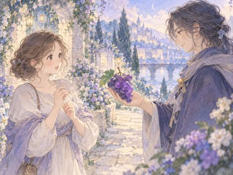 見知らぬ人物からぶどうを差し出されて戸惑う女性