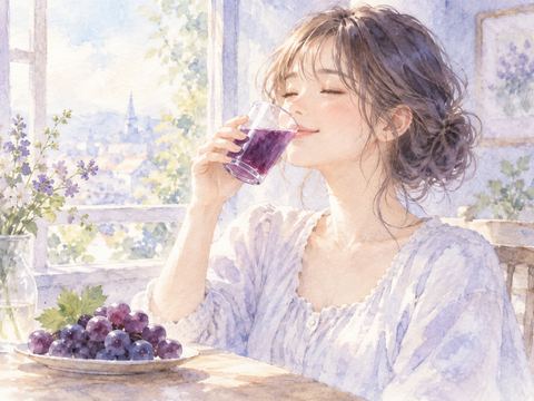 窓辺で紫色のぶどうジュースを飲んで微笑む女性