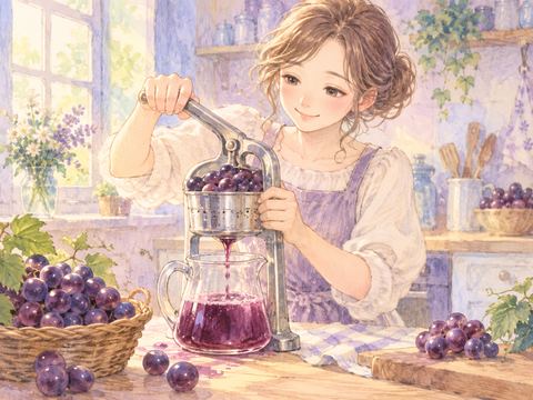 台所で紫色のぶどうを搾ってジュースを作る女性