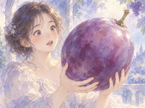 手のひらより大きな紫色のぶどうを見て驚く女性