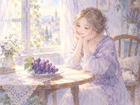 窓辺の美味しそうなぶどうを静かに見つめる女性