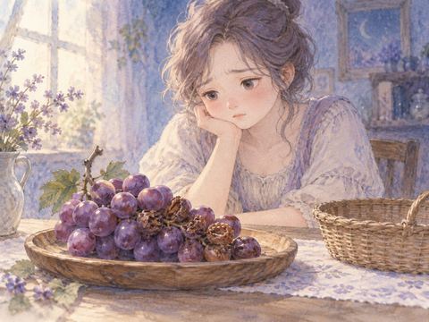 一部が茶色く傷んだぶどうの房を心配そうに見る女性