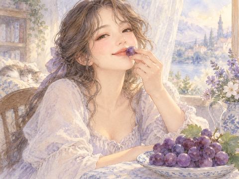 紫色のぶどうを一粒食べて幸せそうに微笑む女性