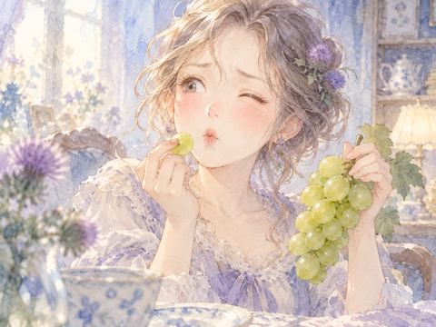 ぶどうを食べて酸っぱさに驚き目を細める女性