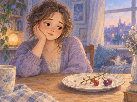 食べかけのぶどうを前に物足りなそうに考える女性