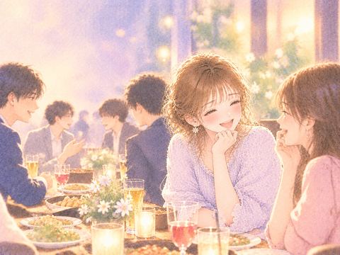 合コンの席で友達と顔を見合わせて笑う女性