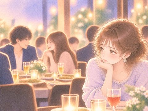 合コンで別の女性と話す恋人を不安そうに見る女性