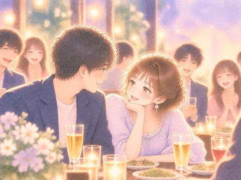 合コンの席でカップルになり見つめ合う男女