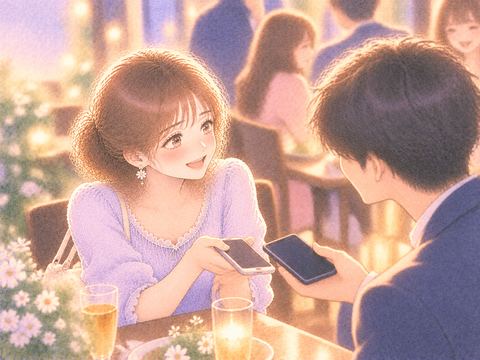 合コンの終わりにスマートフォンで連絡先を交換する男女