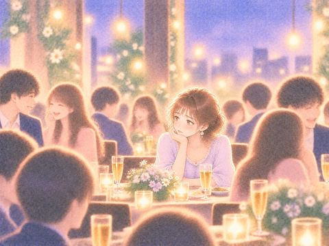 合コンで周囲の男女が親しく話す中、一人寂しそうに座る女性