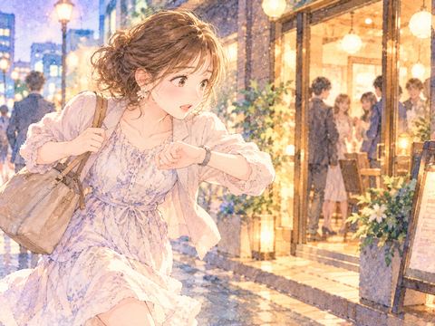 時計を見ながら合コン会場へ急ぐ女性