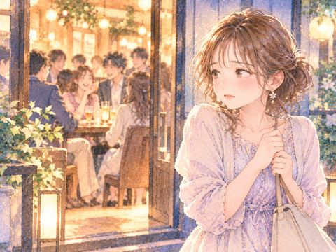 合コン会場の入口で参加をためらう女性