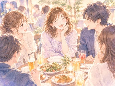 合コンで男女の参加者と楽しそうに笑い合う女性