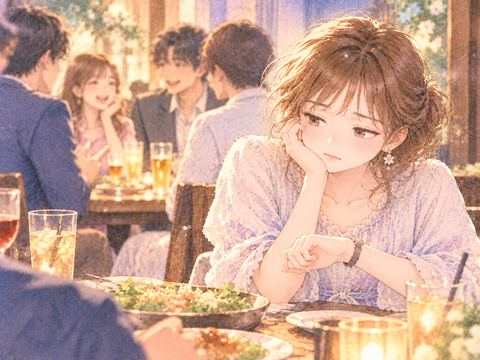 合コンの席で退屈そうに時計を見る女性