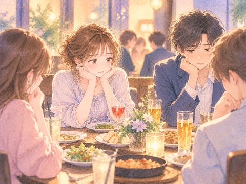 合コンで会話が途切れ気まずそうに俯く男女