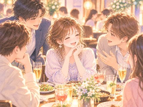 合コンで複数の男性から笑顔で話しかけられる女性