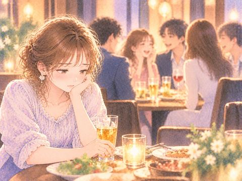 合コンで誰にも話しかけられず寂しそうに座る女性