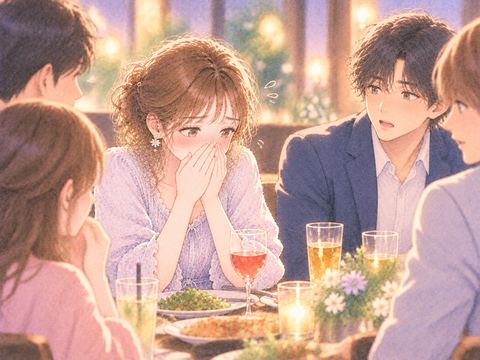 合コンで発言後に赤面して口元を押さえる女性