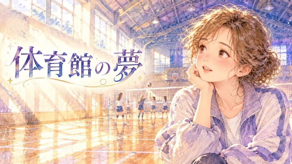 明るい体育館で人々を見つめる大人の女性と体育館の夢という文字