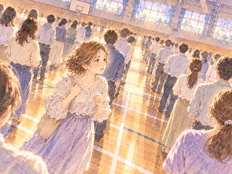 体育館で整列する人々の中、自分の列を探す女性