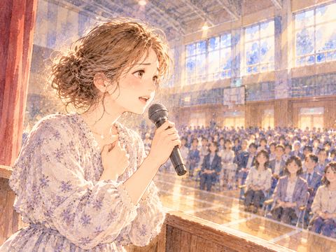 体育館の舞台で大勢の人を前に緊張しながら話す女性