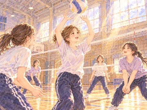 体育館で仲間へバレーボールをトスする女性