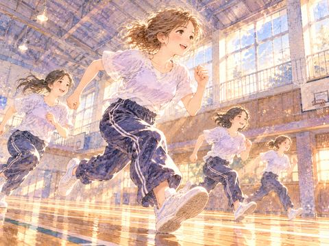 広い体育館の床を軽やかに走る女性