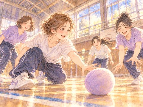 体育館で友人たちとボール遊びを楽しむ女性