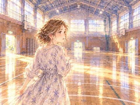 広い体育館で集合場所が分からず立ち止まる女性