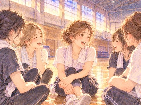 体育館で友人たちと笑顔で談笑する女性