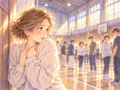 体育館で大勢の視線を感じ不安そうに立つ女性