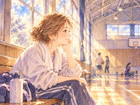 体育館の窓際に座って穏やかにくつろぐ女性