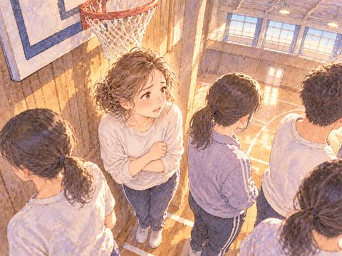 狭い体育館で周囲との距離を気にする女性