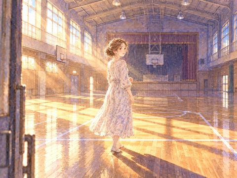 誰もいない体育館の中央で周囲を見回す女性