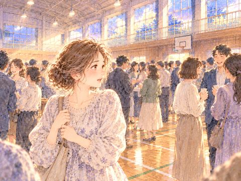 大勢の人が集まる体育館で周囲を見渡す女性