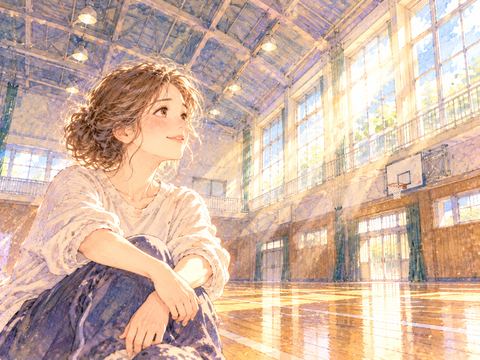 日差しの入る明るい体育館で微笑む女性