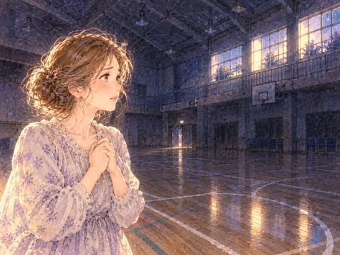 薄暗い体育館で不安そうに周囲を見る女性