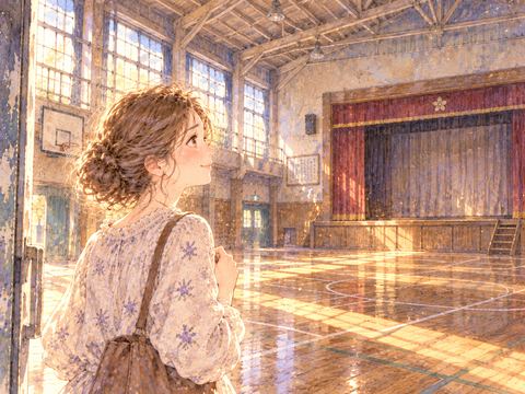 古い学校の体育館で懐かしそうに舞台を見る女性