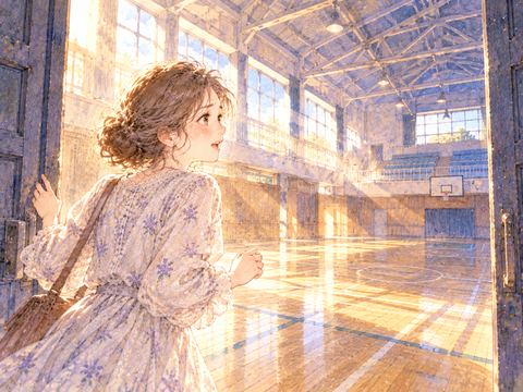 見知らぬ体育館に入り興味深そうに見回す女性